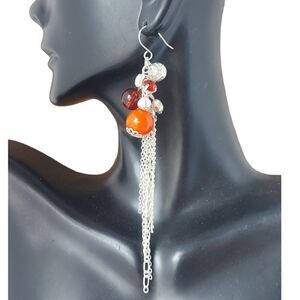 E2479 Silvertone & Red Cluster Beaded Statement Dangle Drop Earrings